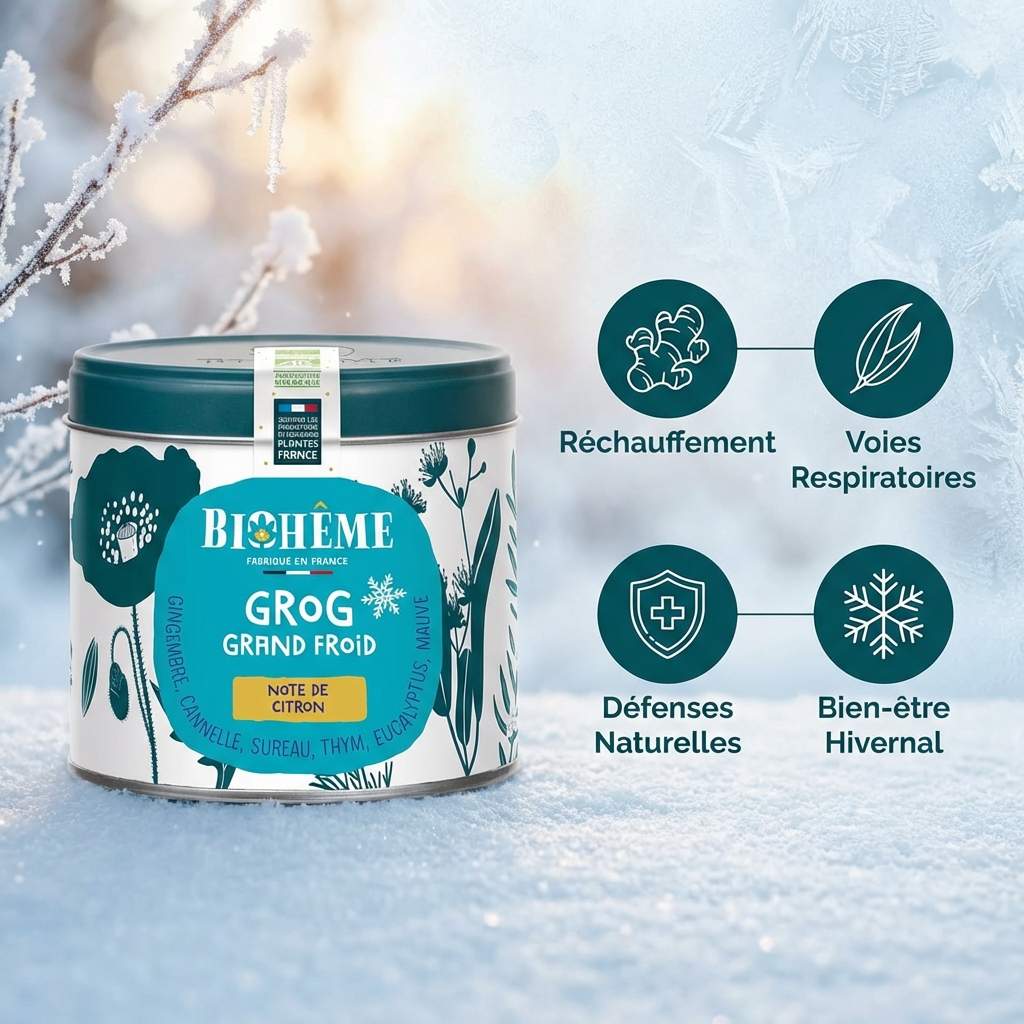 Boîte métal Grog Grand Froid Biohême avec infographie des bénéfices hivernaux et illustrations botaniques