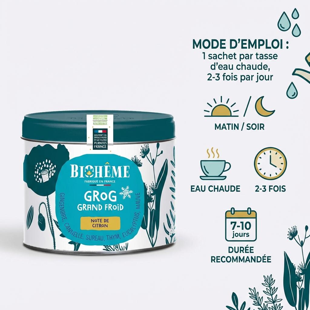 Grog Grand Froid Biohême 50g boîte métal avec mode d'emploi posologie tasse eau chaude