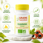 Guarana bio 60 gélules Graine Sauvage avec icônes bénéfices énergie concentration minceur