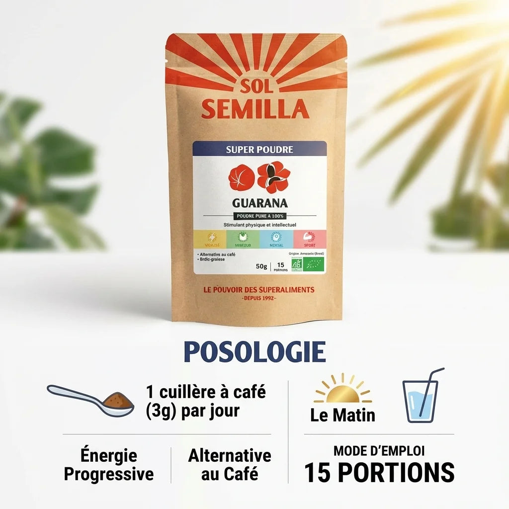 Guarana Bio poudre 50g Sol Semilla avec posologie 1 cuillère à café par jour, alternative naturelle au café