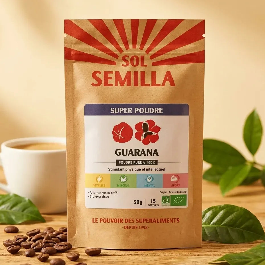 Guarana Bio en poudre Sol Semilla 50g sur bureau en bois avec feuilles vertes et tasse