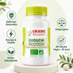 Guduchi Bio 60 gélules vegan - Infographie produit avec bénéfices santé: défenses, énergie, détox, adaptogène