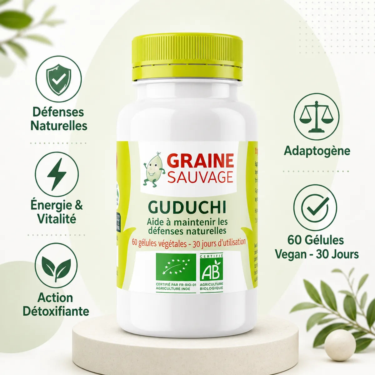 Guduchi Bio 60 gélules vegan - Infographie produit avec bénéfices santé: défenses, énergie, détox, adaptogène