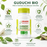 Guduchi Bio 60 gélules vegan Graine Sauvage avec infographie ingrédients Tinospora Cordifolia et bénéfices ayurvédiques
