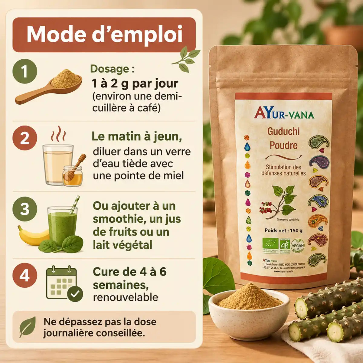 Guduchi bio en poudre 150g AyurVana : sachet kraft, tiges fraîches et mode d'emploi en 4 étapes