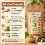Guduchi bio en poudre 150g AyurVana : sachet kraft, tiges fraîches et mode d'emploi en 4 étapes