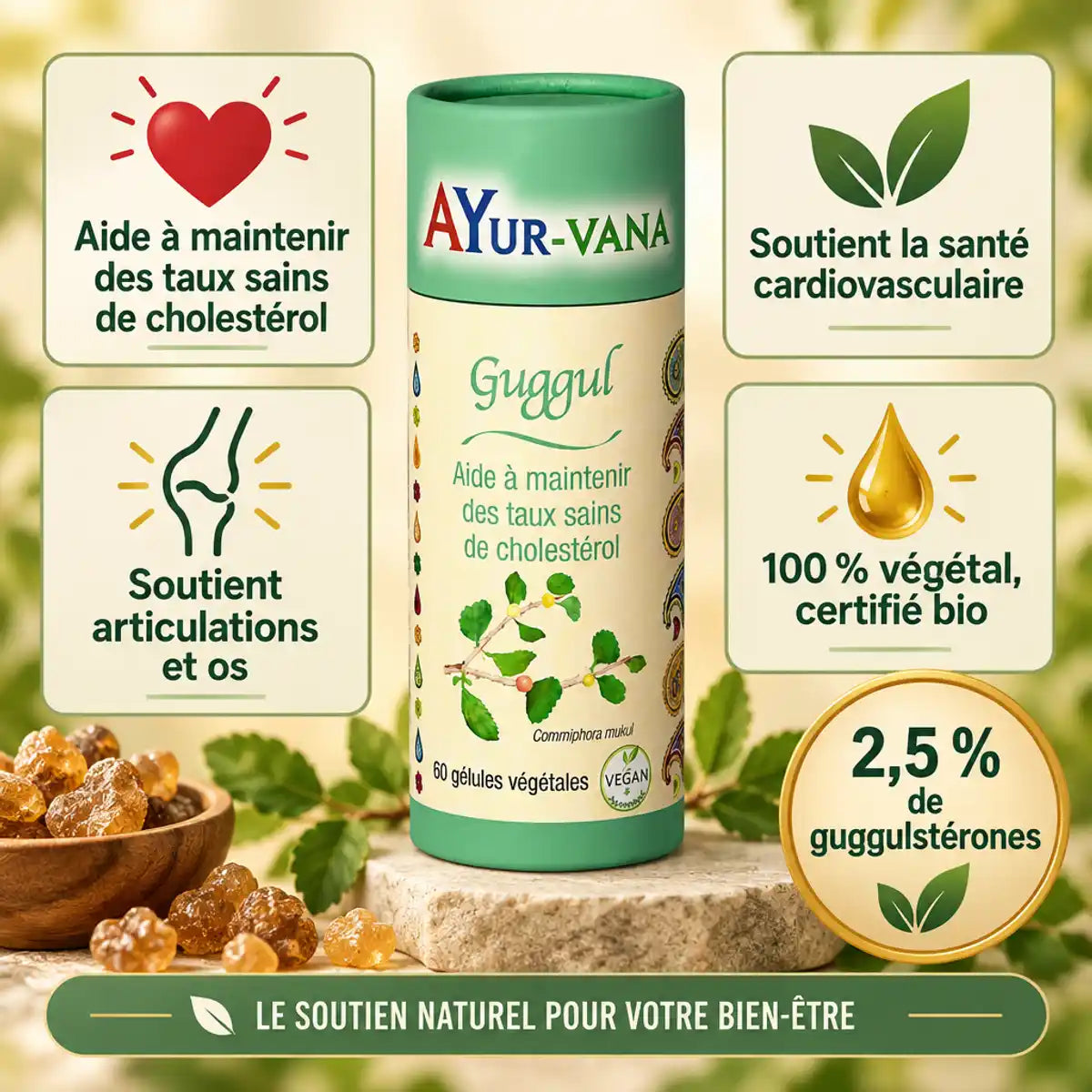 Gélules Guggul Bio Ayur-Vana 60 gélules : produit régulant le cholestérol, avec 2,5 % de guggulstérones, 100 % végétal