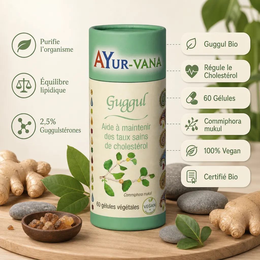 Guggul Bio Ayur-Vana 60 gélules régule le cholestérol, ingrédients naturels certifiés Bio