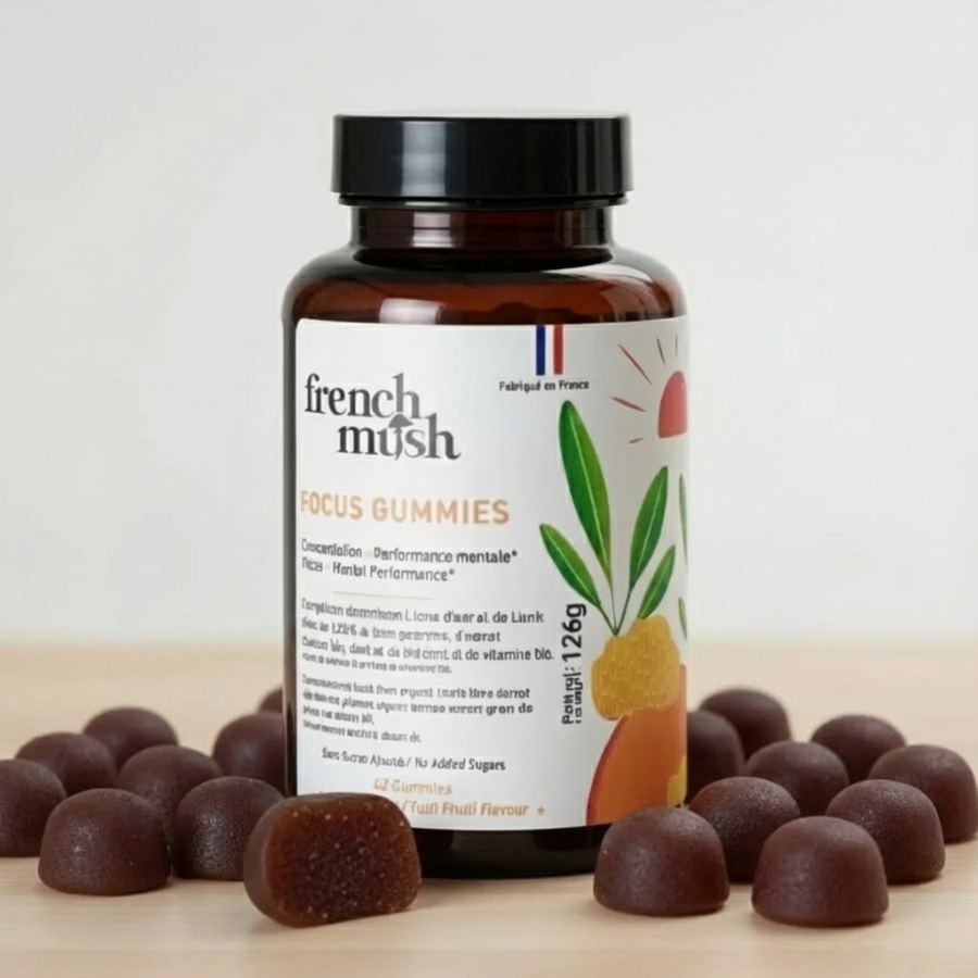 Un boite de FOCUS avec des gummies au Lion’s Mane de French Mush disposés tout autour