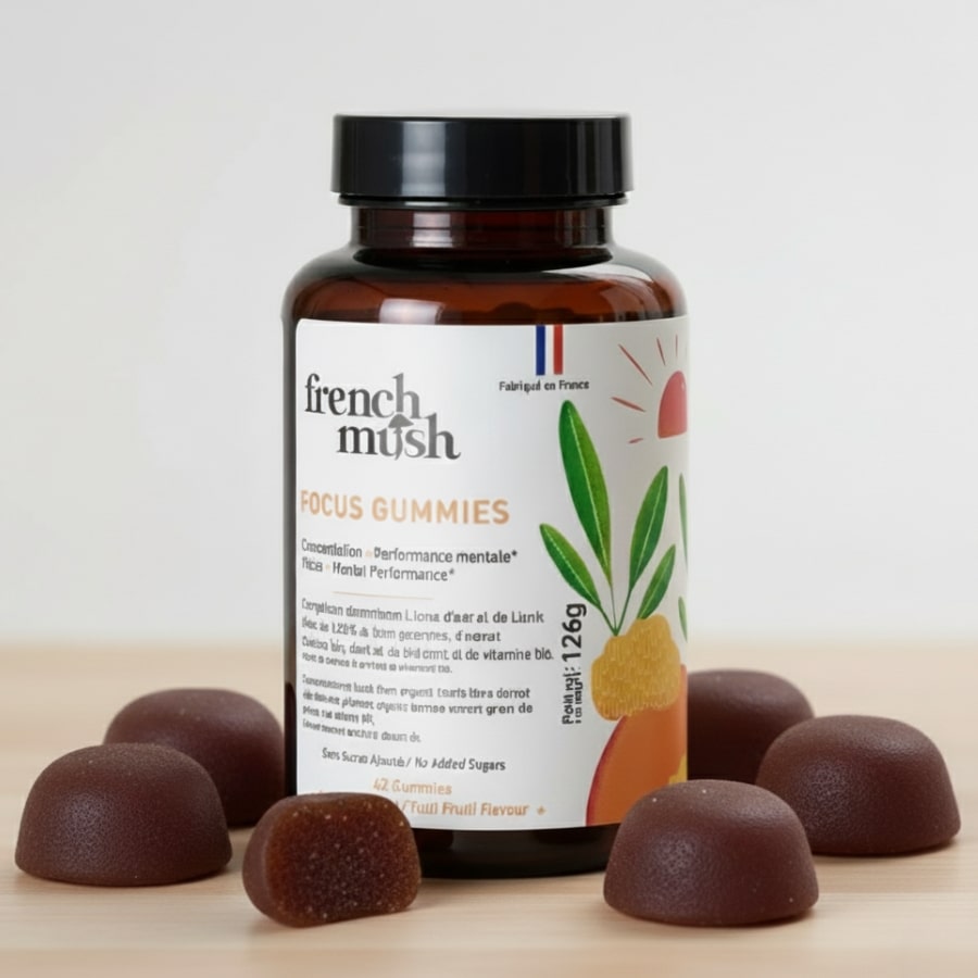 Un boite de FOCUS avec des gummies au Lion’s Mane de French Mush disposés tout autour