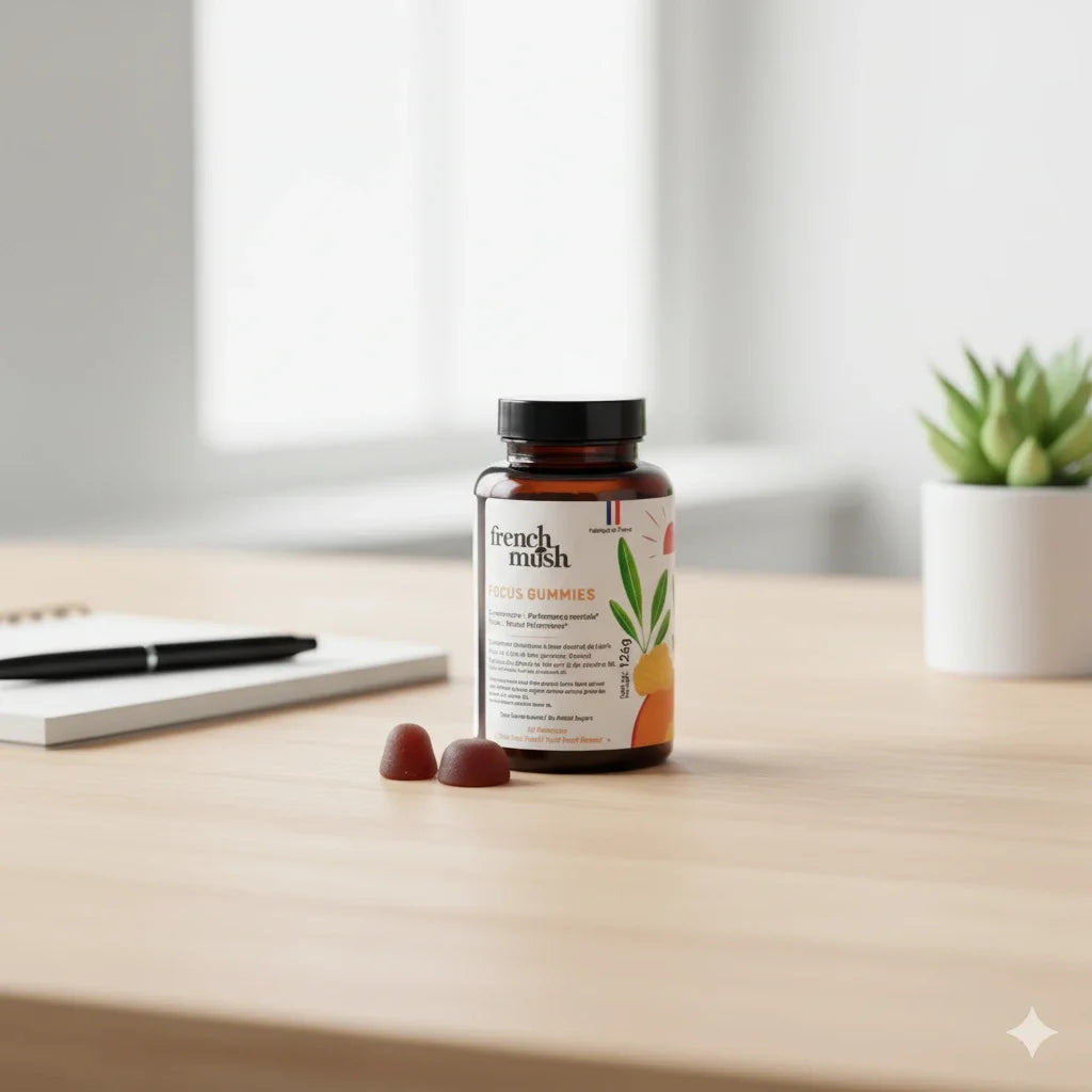 Une boite de FOCUS gummies au Lion’s Mane de French Mush posé sur une table