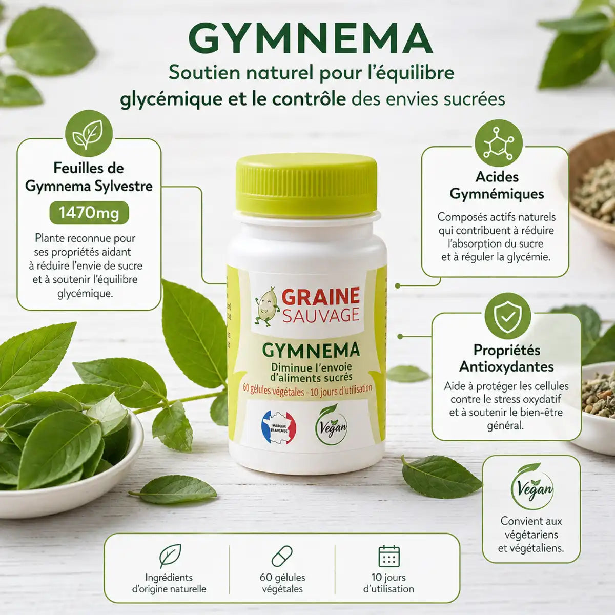 Gymnema 60 gélules Graine Sauvage - Feuilles de Gymnema Sylvestre 1470mg avec acides gymnémiques