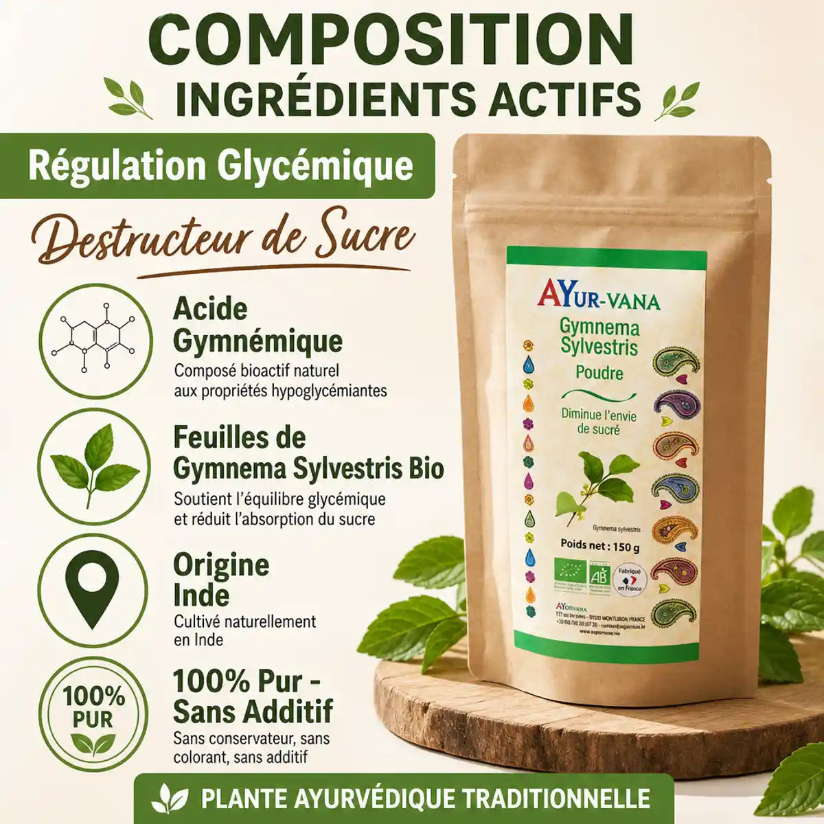 Gymnema Sylvestris poudre bio 150g Ayur-vana - acide gymnémique régulation glycémique