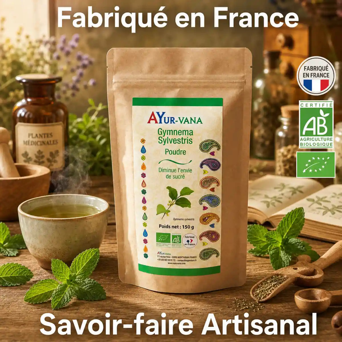Gymnema bio 150g Ayur-vana en poudre avec feuilles de menthe et thé herbalisé