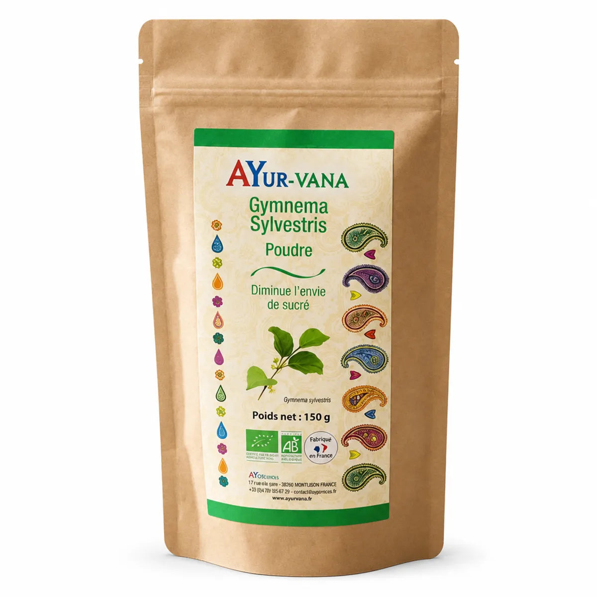 Poudre Gymnema bio 150g Ayur-vana en sachet kraft sur fond blanc