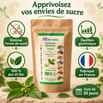 Sachet Ayur-vana de Gymnema Sylvestre en poudre bio, feuilles fraîches et icônes bienfaits sur fond crème