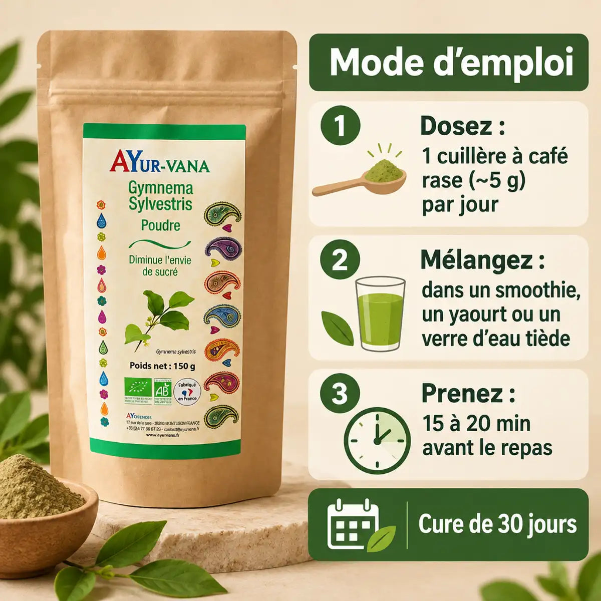 Poudre de Gymnema Sylvestre bio Ayur-vana en sachet kraft, avec mode d'emploi : dosage, mélange et cure de 30 jours