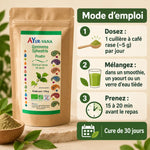 Poudre de Gymnema Sylvestre bio Ayur-vana en sachet kraft, avec mode d'emploi : dosage, mélange et cure de 30 jours