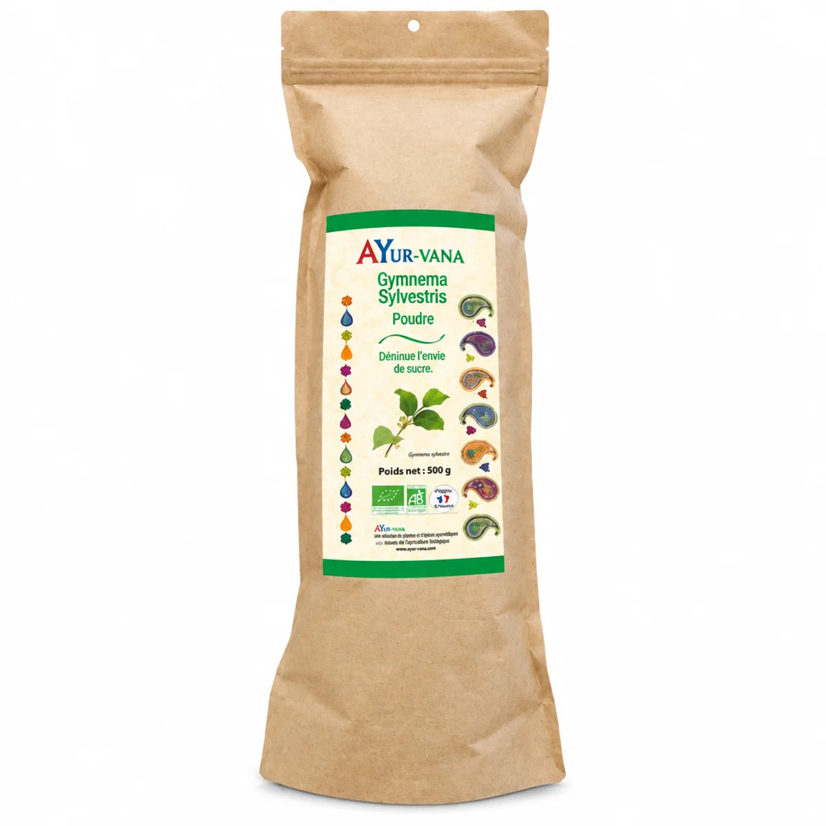 Poudre bio Gymnema Sylvestre Ayur-vana en sachet kraft 150g sur fond blanc