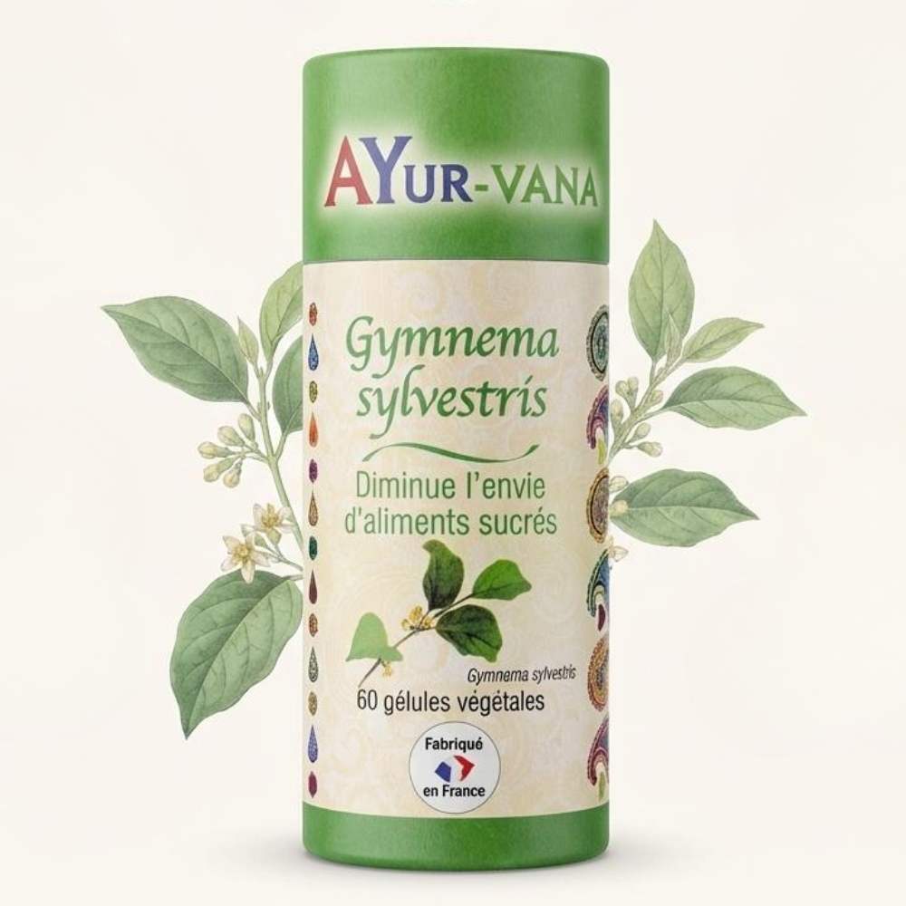 Une boite de 60 gélules végétales de Gymnema Sylvestris, un complément qui aide à Réduire l'envie de sucre, de la marque Ayur-Vanaq