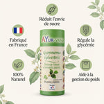 Gymnema Sylvestris 60 gélules Ayur-Vana avec infographie des 5 bénéfices pour réduire l'envie de sucre