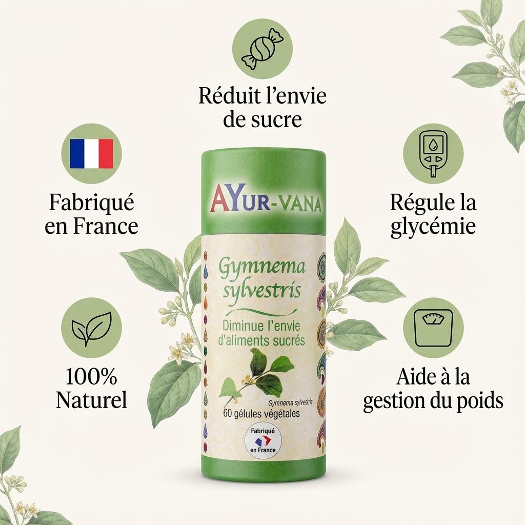 Gymnema Sylvestris 60 gélules Ayur-Vana avec infographie des 5 bénéfices pour réduire l'envie de sucre