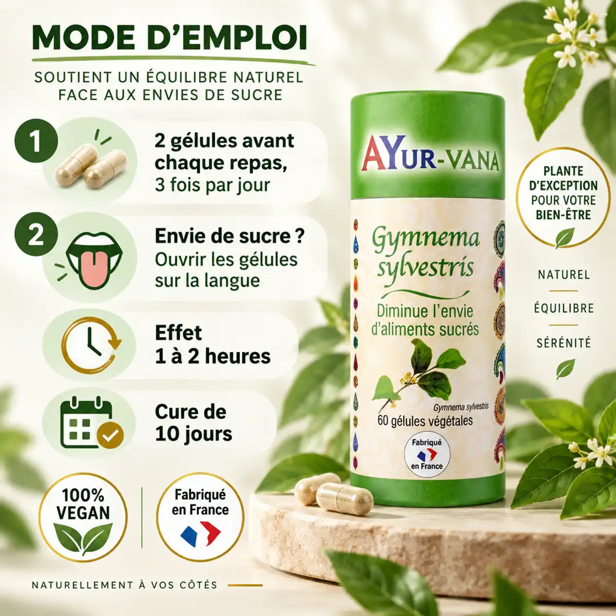 Gymnema Sylvestris Ayur-Vana en gélules, packaging vert, mode d'emploi en 4 étapes pour réduire l'envie de sucre