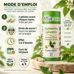 Gymnema Sylvestris Ayur-Vana en gélules, packaging vert, mode d'emploi en 4 étapes pour réduire l'envie de sucre