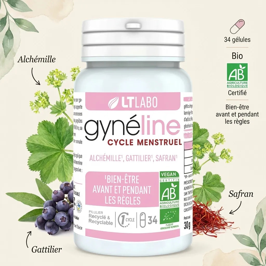 Gynéline Cycle Menstruel 34 gélules LT Labo avec ingrédients botaniques alchémille gattilier safran
