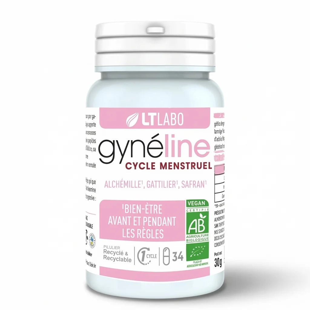 Gynéline Cycle Menstruel 34 gélules LT Labo - Flacon verre bleu gris certifié bio