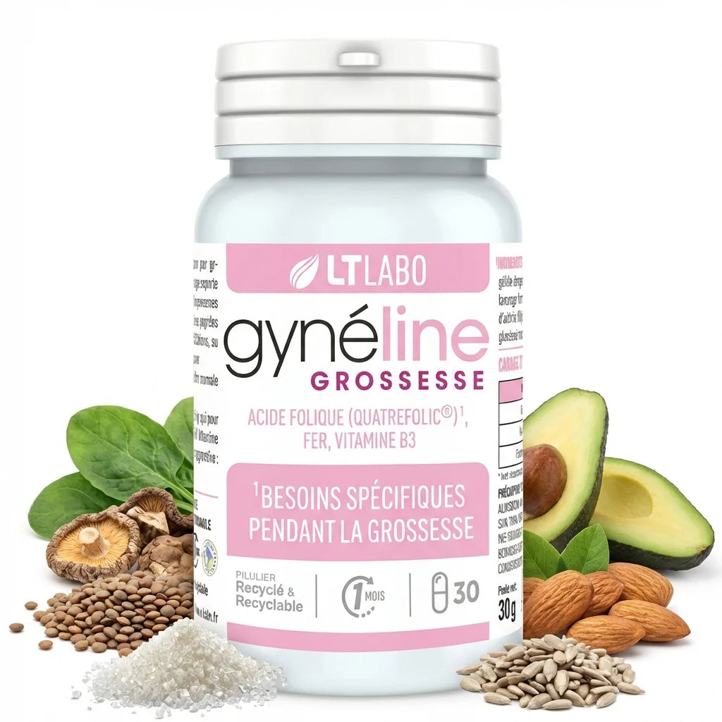 Gynéline Grossesse flacon soutien prénatal naturel avec ingrédients naturels sur fond blanc