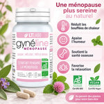 Gynéline Ménopause 30 gélules LT Labo avec infographie des bénéfices: bouffées chaleur, humeur, santé osseuse