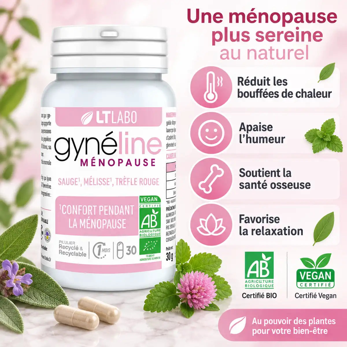 Gynéline Ménopause 30 gélules LT Labo avec infographie des bénéfices: bouffées chaleur, humeur, santé osseuse