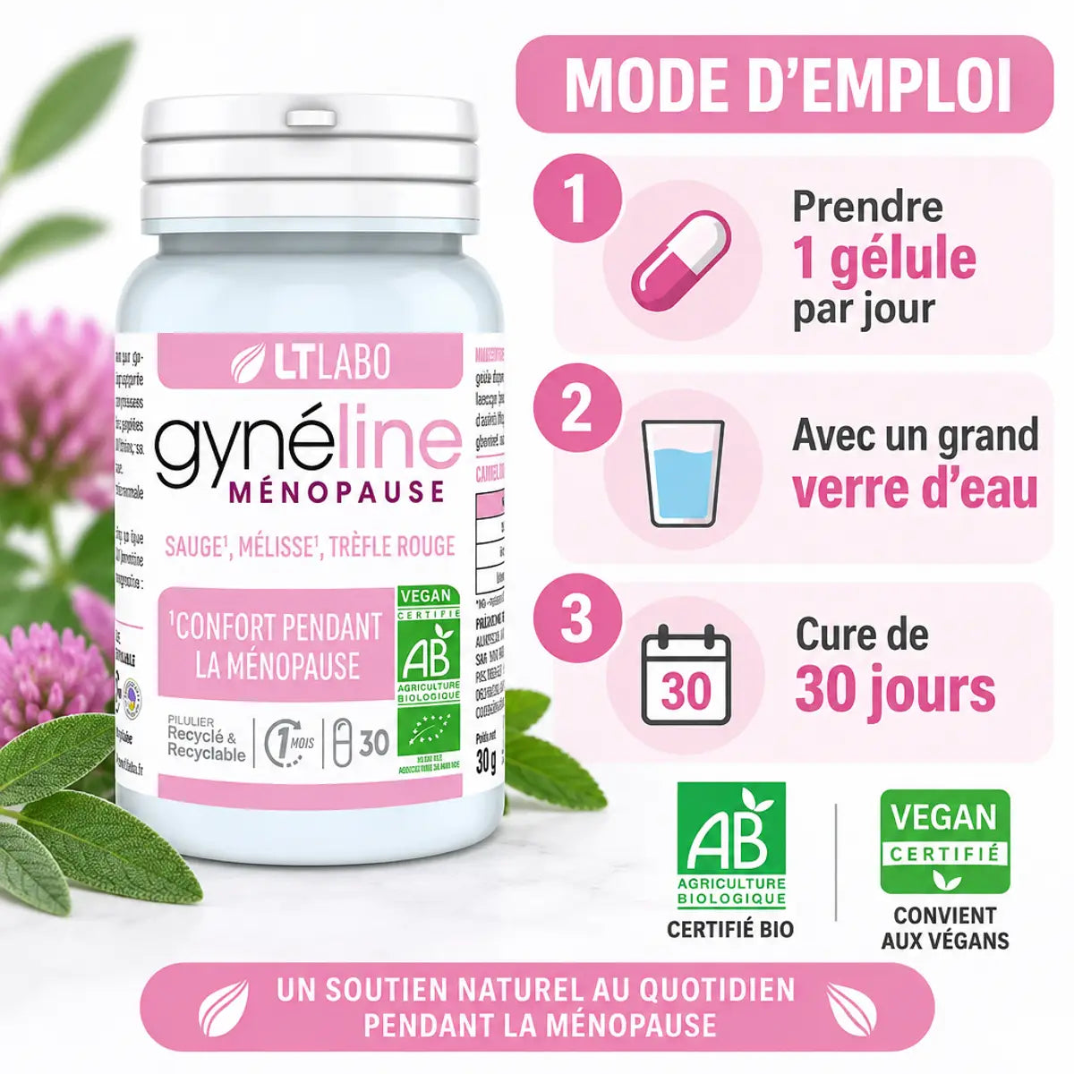 Gynéline Ménopause 30 gélules LT Labo avec mode d'emploi: 1 gélule par jour pendant 30 jours