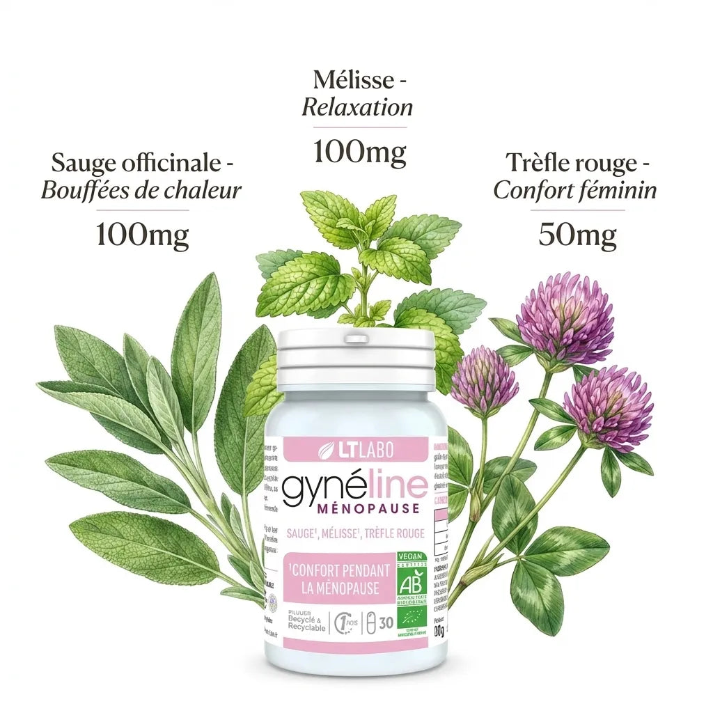 Gynéline Ménopause 30 gélules LT Labo avec sauge, mélisse et trèfle rouge pour bouffées de chaleur