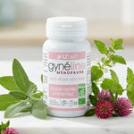Gynéline Ménopause 30 gélules LT Labo avec plantes naturelles sur marbre blanc