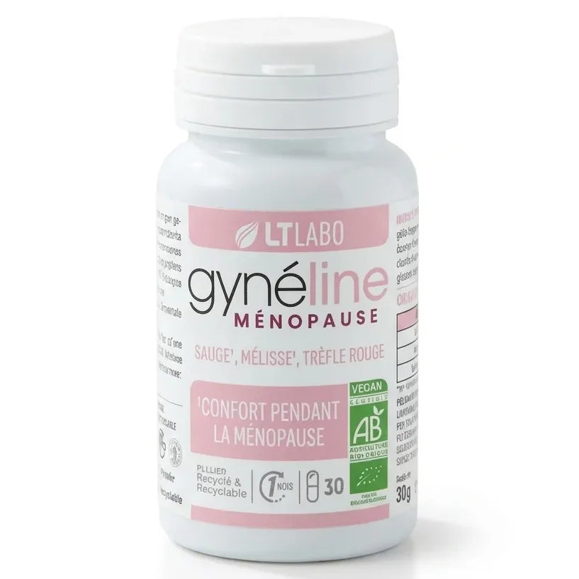 Gynéline Ménopause 30 gélules LT Labo flacon blanc label rose certifié vegan bio