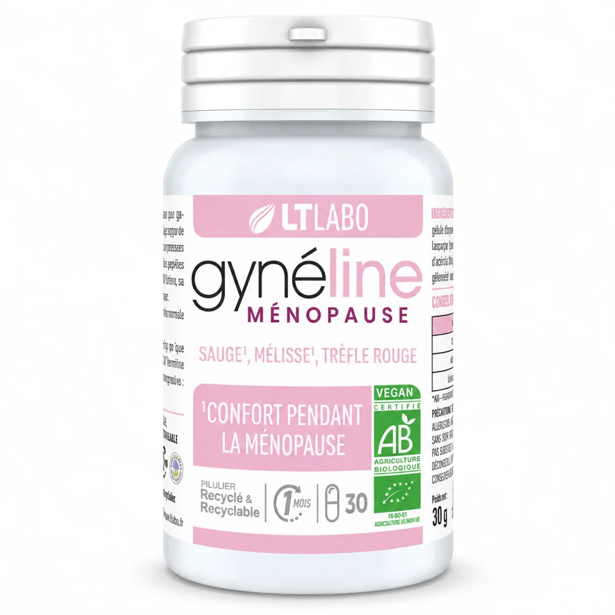 Gynéline Ménopause 30 gélules LT Labo flacon blanc avec étiquette rose, complément alimentaire