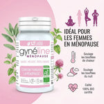 Gynéline Ménopause 30 gélules LT Labo avec infographie femmes et icônes bouffées chaleur bio certifié