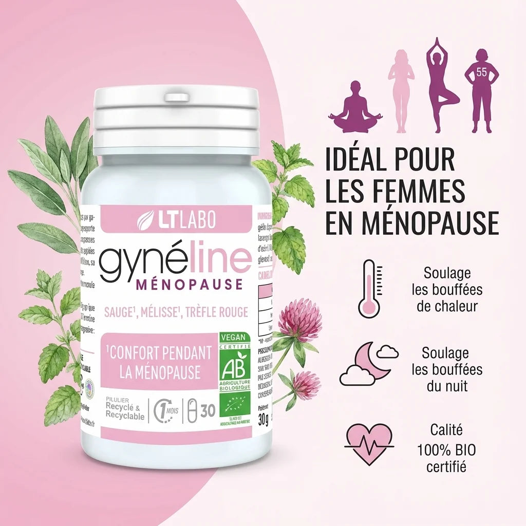 Gynéline Ménopause 30 gélules LT Labo avec infographie femmes et icônes bouffées chaleur bio certifié