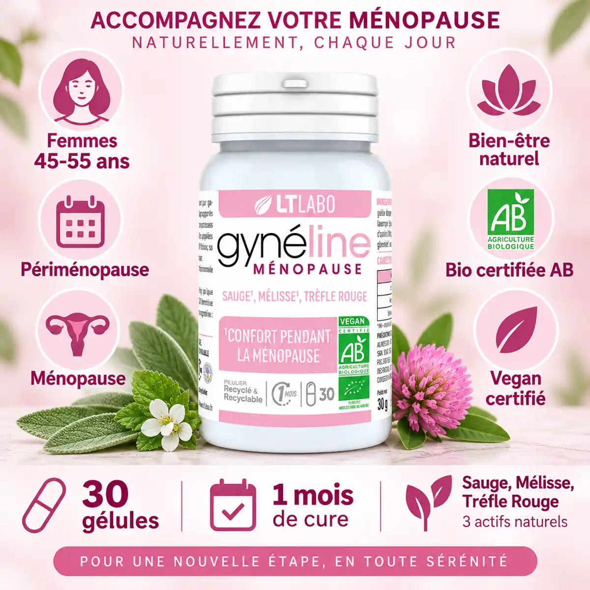 Gynéline Ménopause 30 gélules LT Labo - Sauge Mélisse Trèfle Rouge bio vegan
