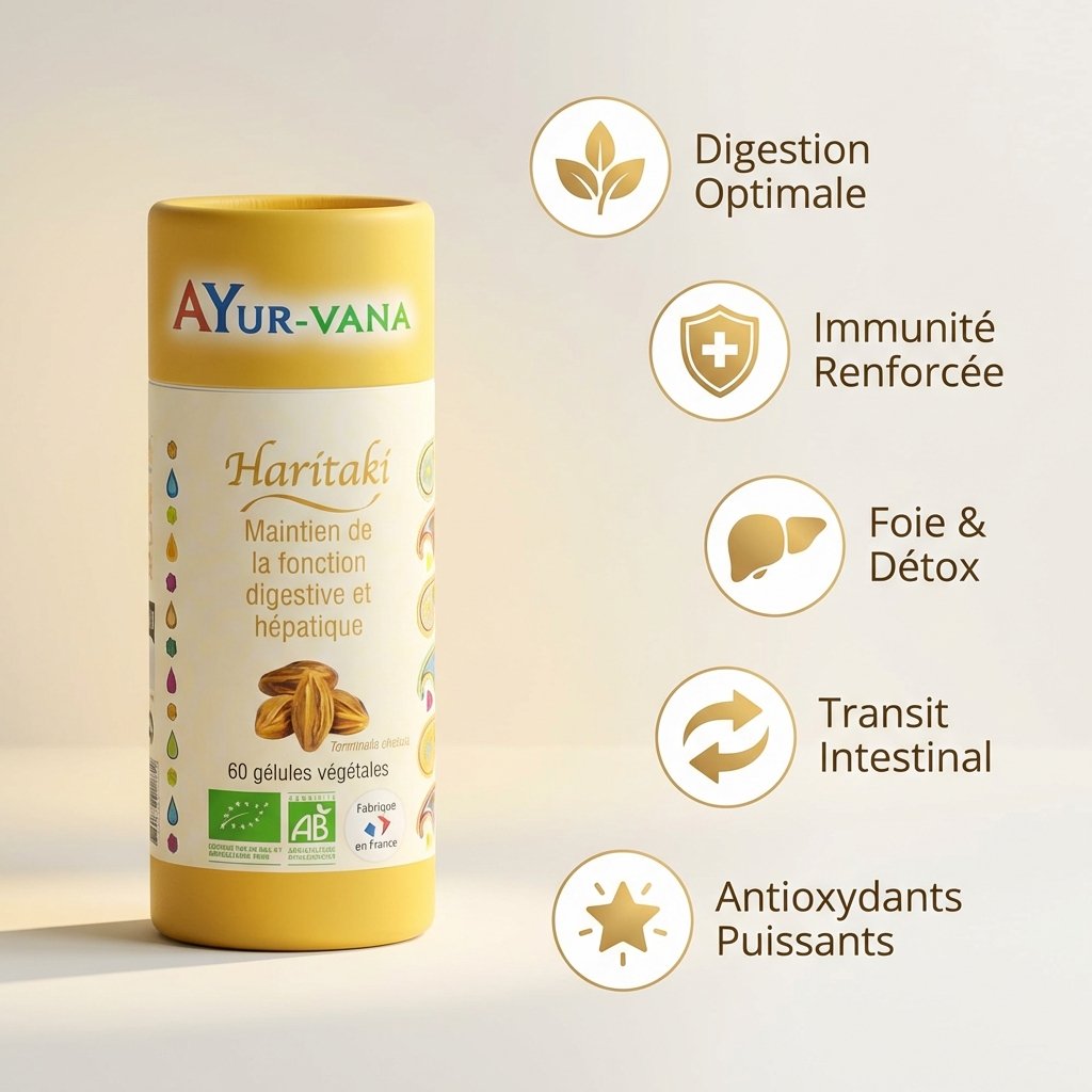 Haritaki Bio AyurVana 60 gélules avec bénéfices digestion, immunité, détox foie et antioxydants