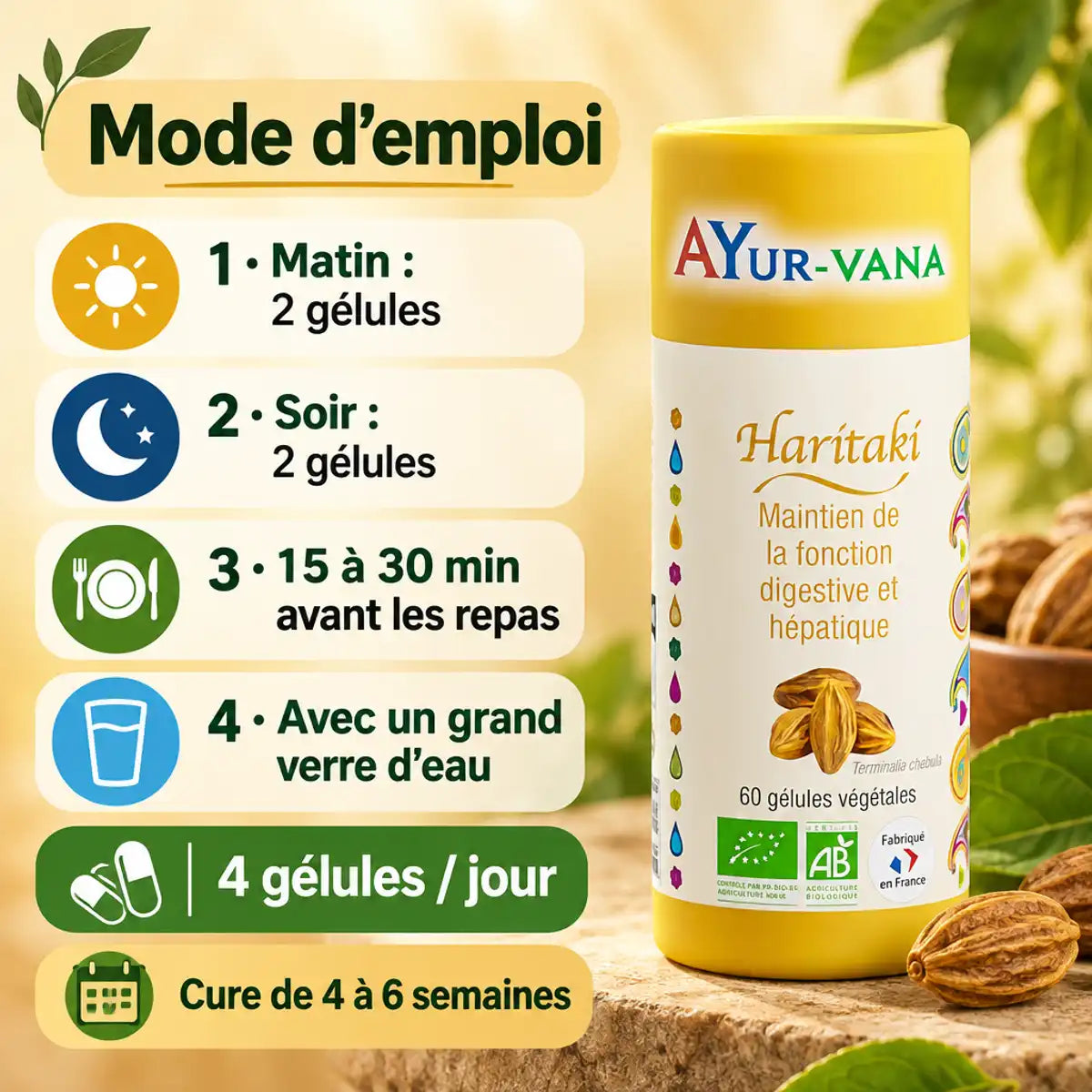 Haritaki bio AyurVana 60 gélules : emballage jaune et mode d'emploi en 4 étapes, 4 gélules par jour pendant une cure de 4 à 6 semaines