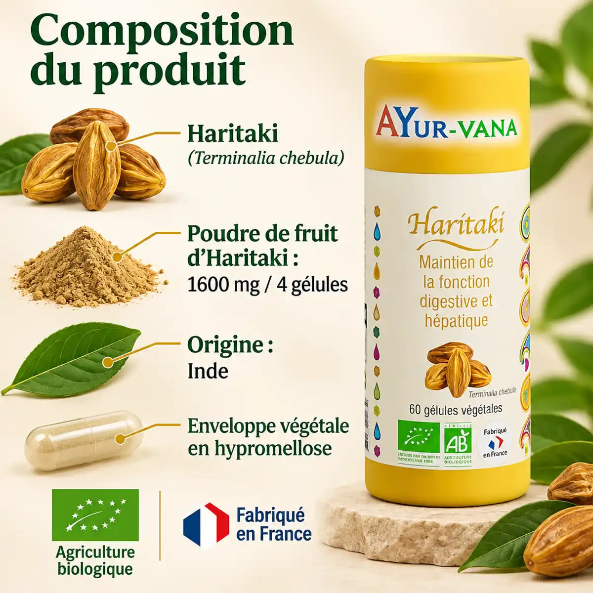Gélules d'Haritaki bio AyurVana (60 gélules) avec infographie : fruit Terminalia chebula, poudre 1600 mg, origine Inde, fabriqué en France