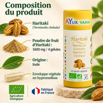 Gélules d'Haritaki bio AyurVana (60 gélules) avec infographie : fruit Terminalia chebula, poudre 1600 mg, origine Inde, fabriqué en France