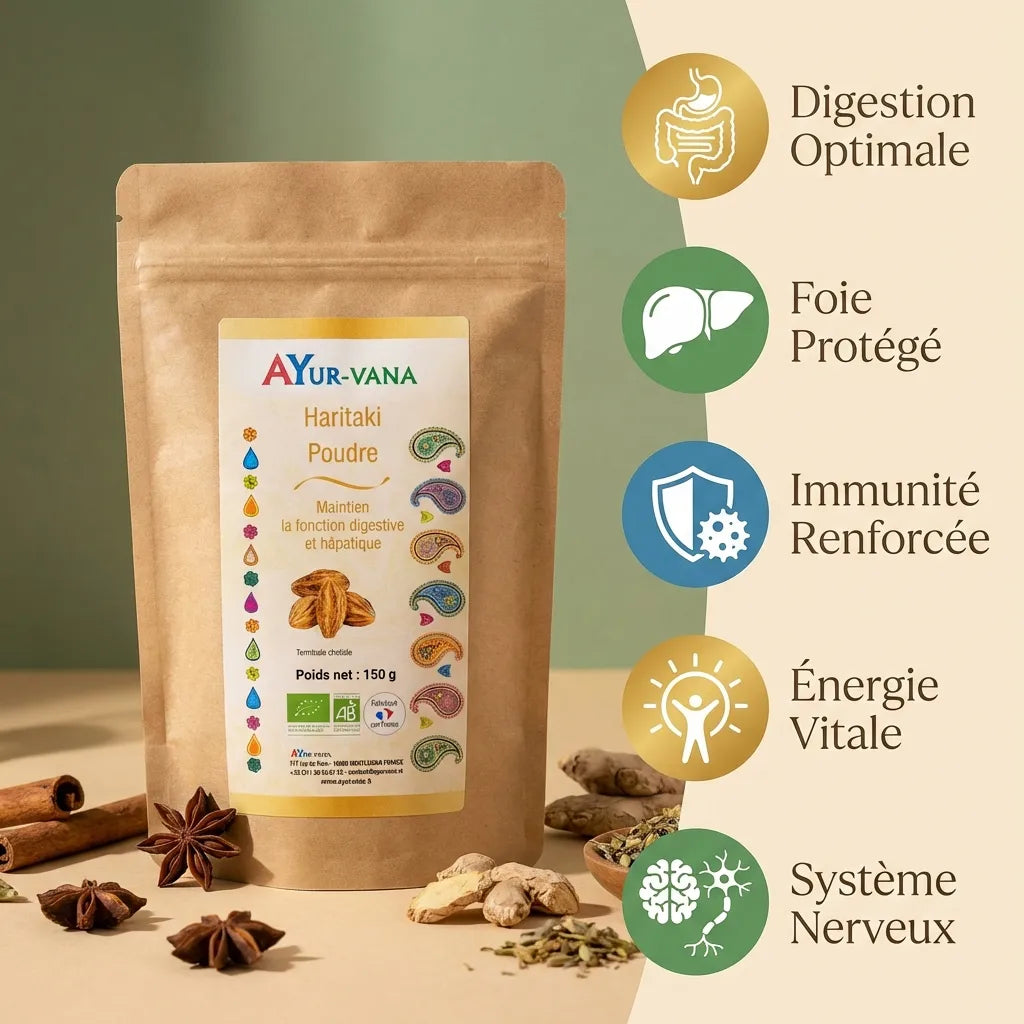 Haritaki bio poudre 150g Ayurvana avec bénéfices digestion, foie, immunité et énergie