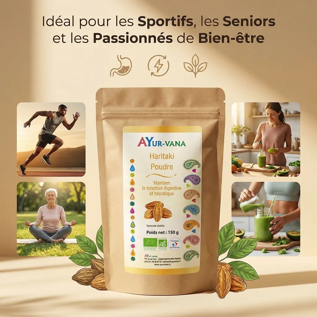 Poudre Haritaki bio 150g Ayurvana pour sportifs, seniors et bien-être naturel