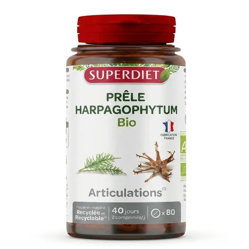 Harpagophytum Bio 90 comprimés Superdiet flacon verre ambré avec étiquette verte