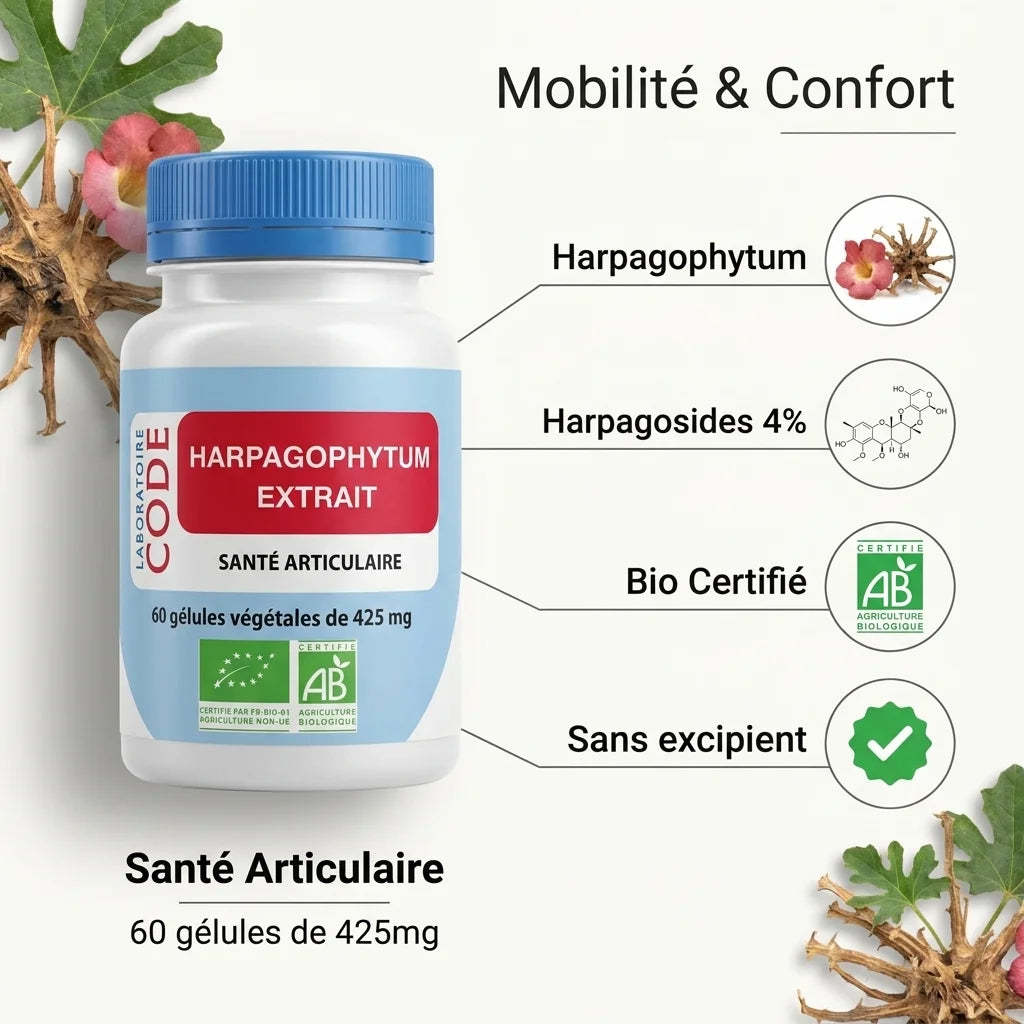 Harpagophytum Bio 60 gélules - Flacon avec ingrédients actifs et certification biologique - Santé articulaire