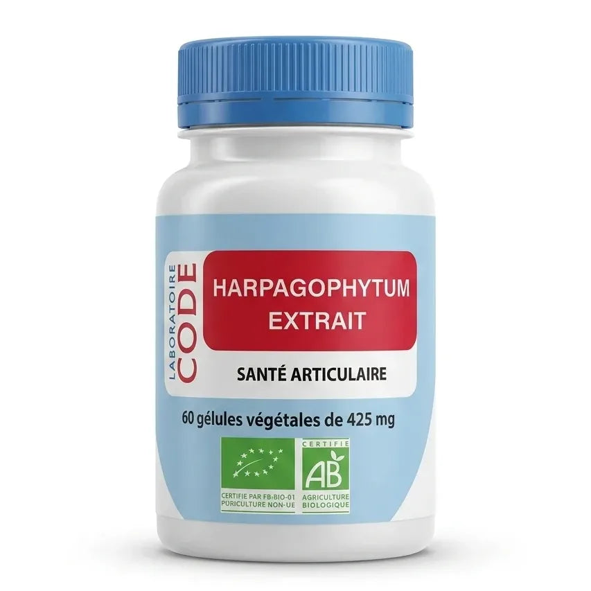 Harpagophytum Bio 60 gélules Laboratoire Code - Flacon blanc avec étiquette bleue